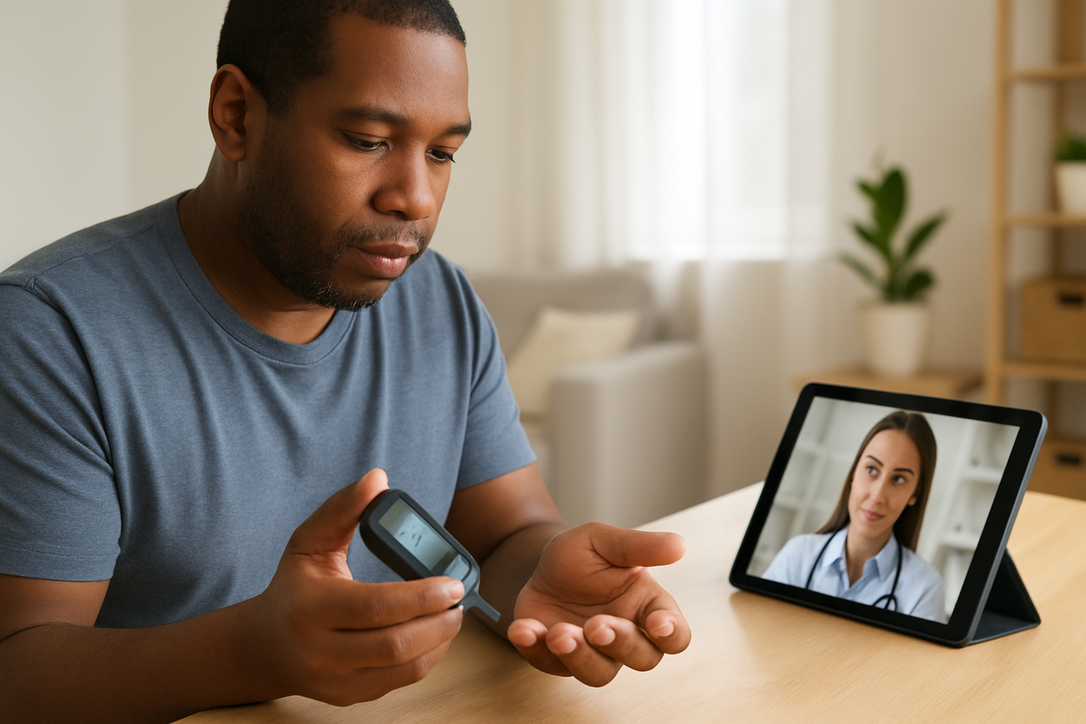 Blood Sugar Monitoring: adult checking blood glucose with a home glucose meter