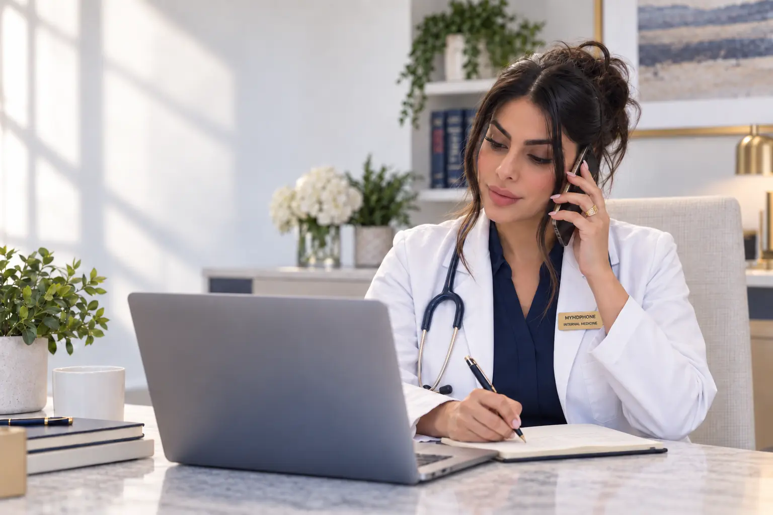 Physician providing a telemedicine phone follow-up