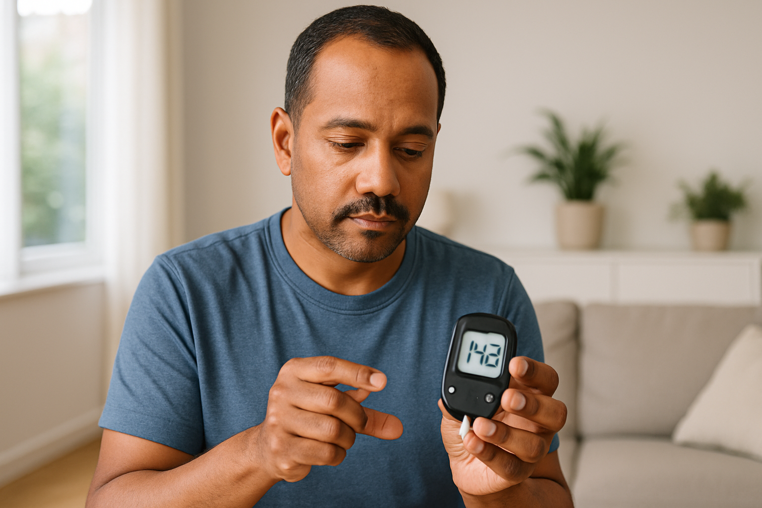 Type 2 Diabetes Treatment: Managing High Blood Sugar Effectively: adult checking blood glucose with a home glucose meter